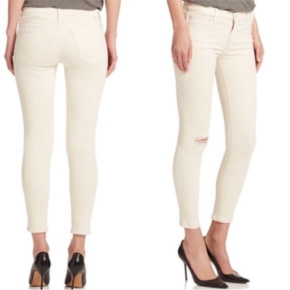 MOTHER Jeans Women’s Size 25 The Looker Crop Ivory Distressed Neutral Minimalist - Picture 1 of 12